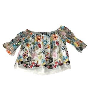 Alexia Admor Floral Embroidered Off Shoulder Sheer Blouse Size M Romantic